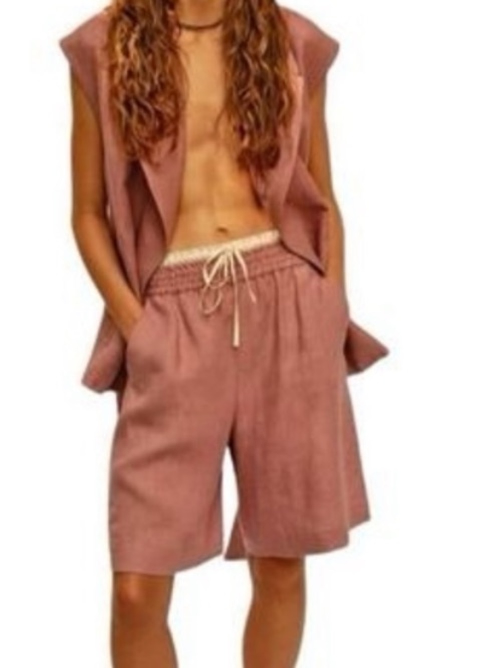 Zara Washed Rose Pink Linen Elastic Waist Shorts Sz M